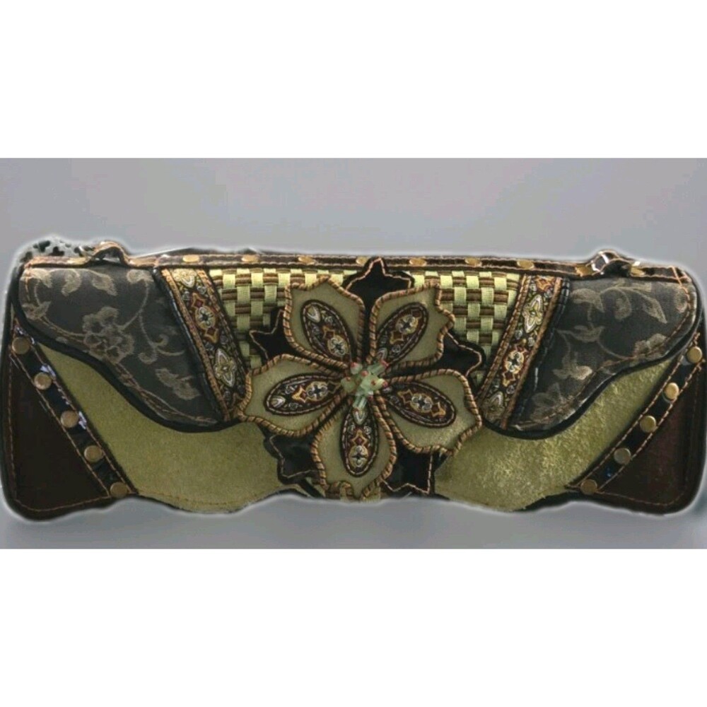 Vintage Mary Frances  Bag Clutch Suede Chartreuse Brown Floral Beaded Checkered